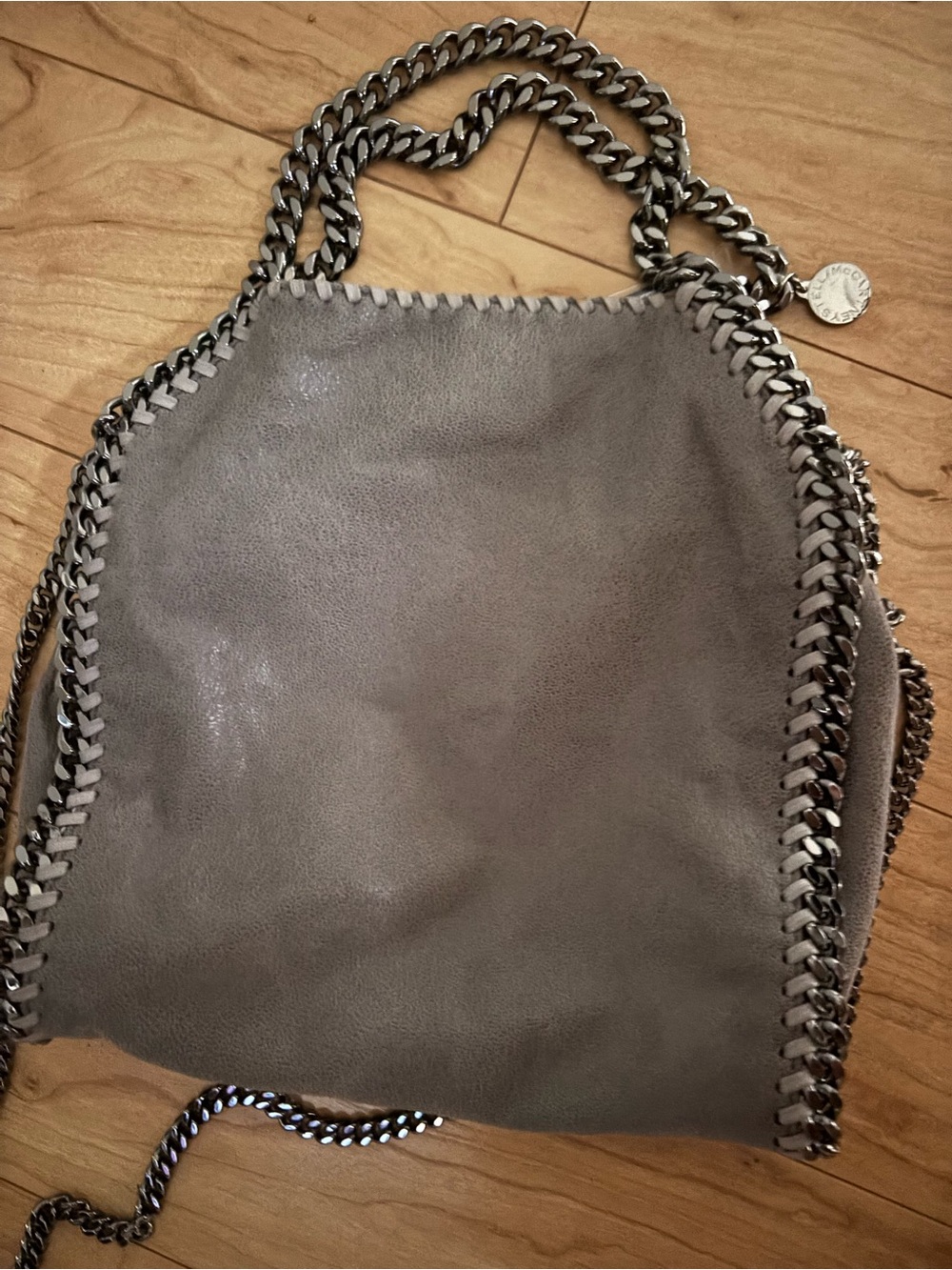 Authentic-Stella McCartney Gray Falabella Small Chain-Trim Shoulder Bag